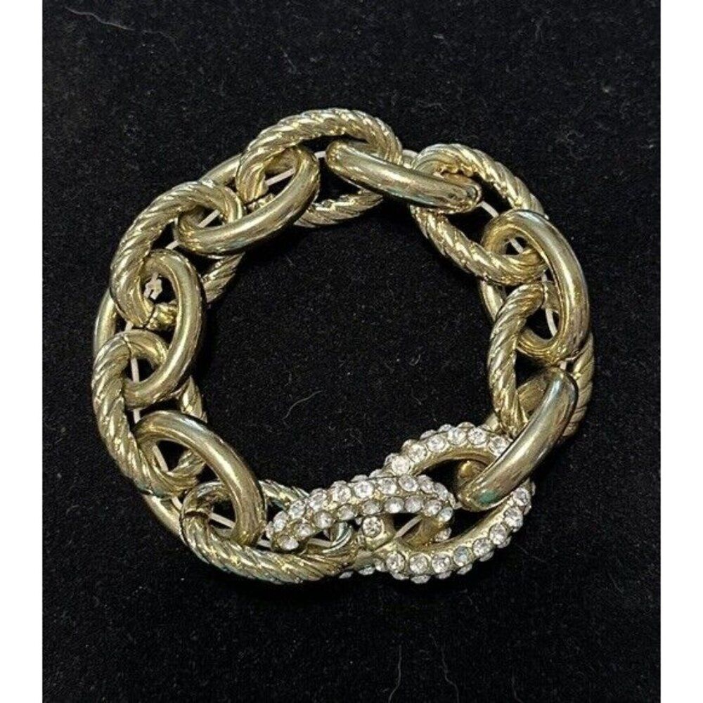 Gold Tone Stretch Chain Link Bracelet Rhinestones  Ribbed Smooth Statement